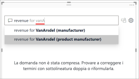 Screenshot del campo domande Q&A con parole non riconosciute sottolineate in rosso e domande suggerite da Power BI.