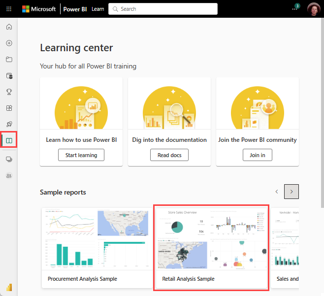 Screenshot della pagina del Centro di apprendimento con l'esempio di analisi delle vendite al dettaglio.