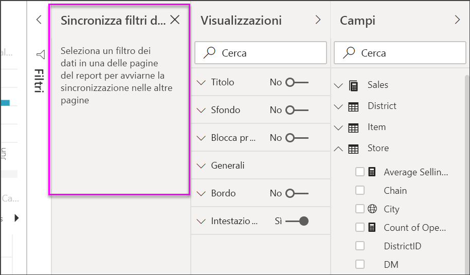Screenshot del riquadro Sincronizza filtri dei dati.