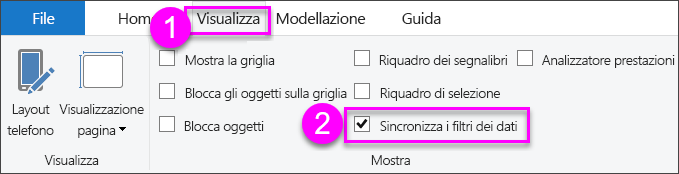 Screenshot della selezione sincronizza filtri dei dati in Power BI Desktop.