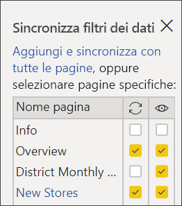 Screenshot delle pagine selezionate in Sincronizza filtri dei dati.