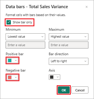 Screenshot che mostra come configurare le barre dei dati per una colonna di tabella selezionata.