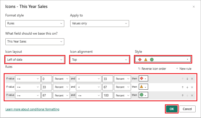 Screenshot che mostra come configurare le icone per rappresentare i dati per una colonna di tabella selezionata.