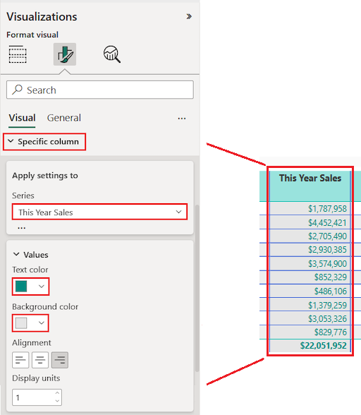 Screenshot che mostra come selezionare una colonna specifica per aggiornare le opzioni di formattazione.