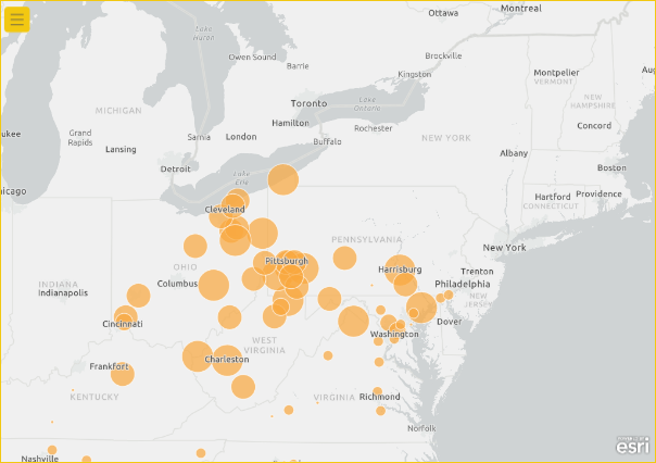 Screenshot che mostra una mappa con informazioni sulle vendite visualizzate come dimensioni.