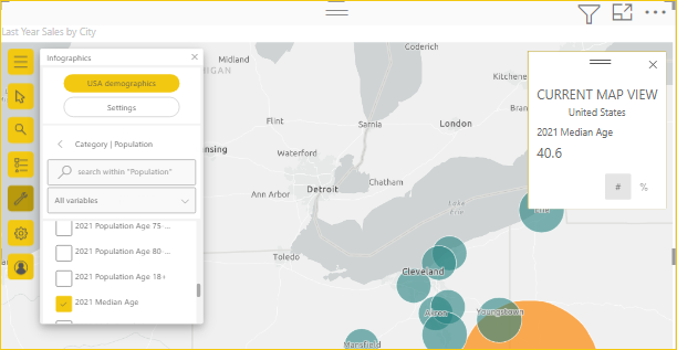 Screenshot che mostra una mappa con dati demografici di età mediana a livello di area.