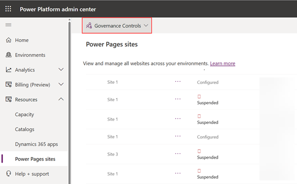 Screenshot che mostra il pulsante Controlli della governance nell'interfaccia di amministrazione di Power Platform.