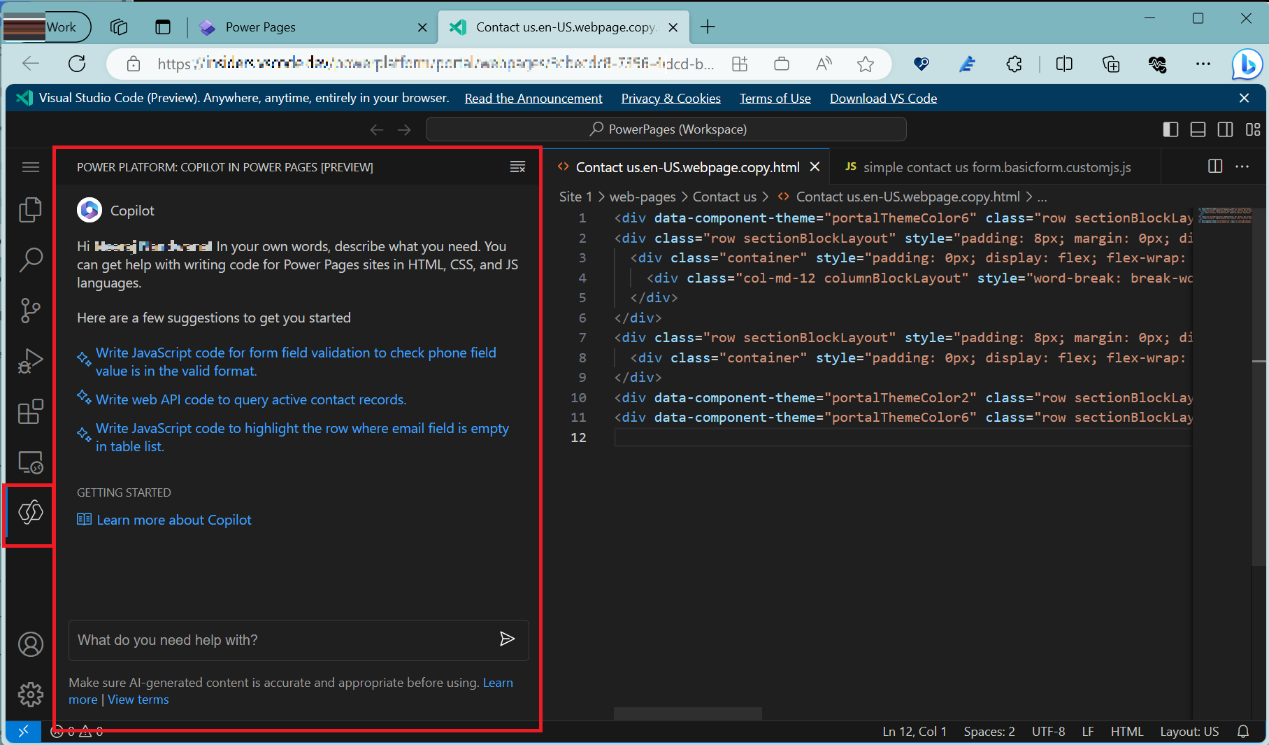 Screenshot di Visual Studio Code per il Web.