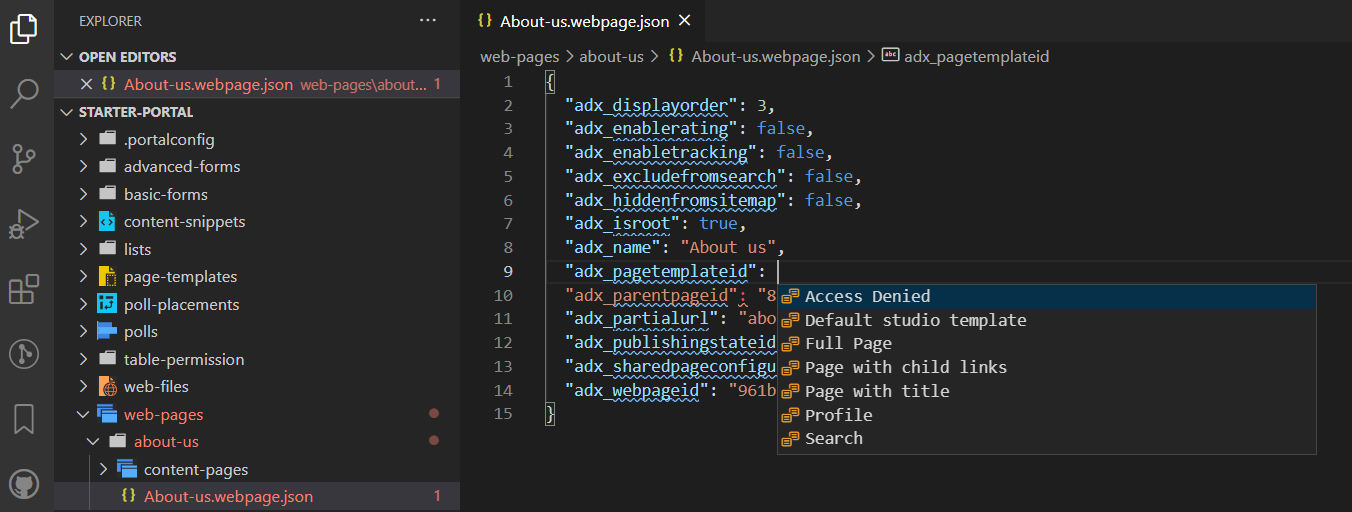 Un esempio di completamento automatico per l'ID del modello di pagina.