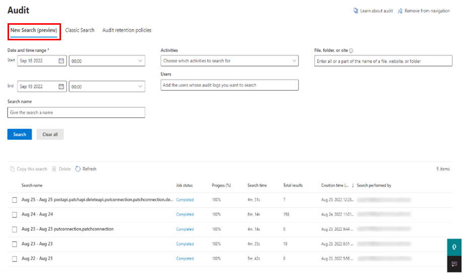 Screenshot della schermata Audit nel portale di conformità Purview. Microsoft 