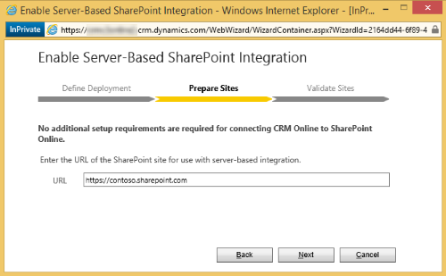 Immettere l'URL del sito Web di SharePoint.