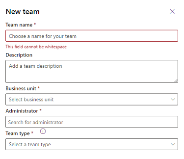 Screenshot delle impostazioni per un nuovo team di Dataverse.