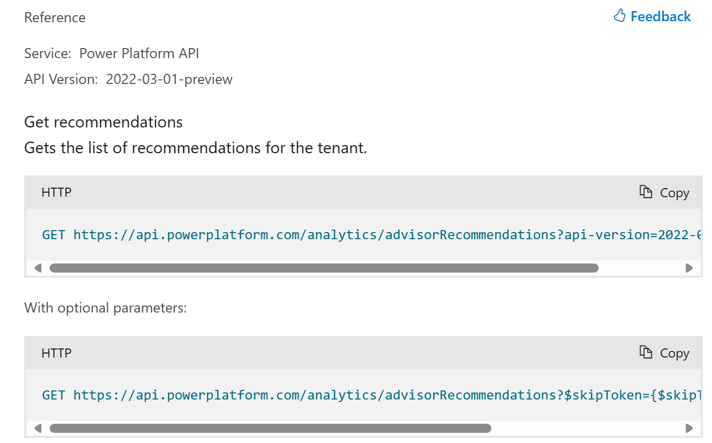 Mostra una pagina di riferimento API RESTful con parametri querystring facoltativi.