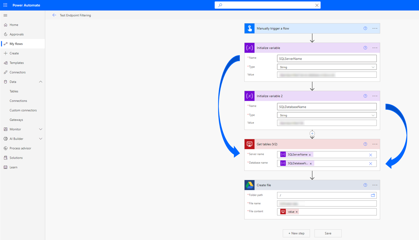 Il flusso cloud usa le variabili per connettersi a SQL.