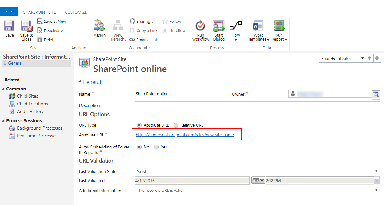 Immetti l'URL relativo a SharePoint.