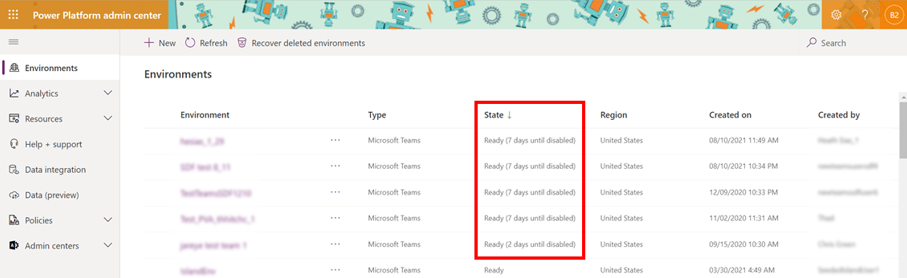Screenshot della pagina dell'elenco degli ambienti nell'interfaccia di amministrazione di Power Platform, con la colonna dello stato dell'ambiente evidenziata.