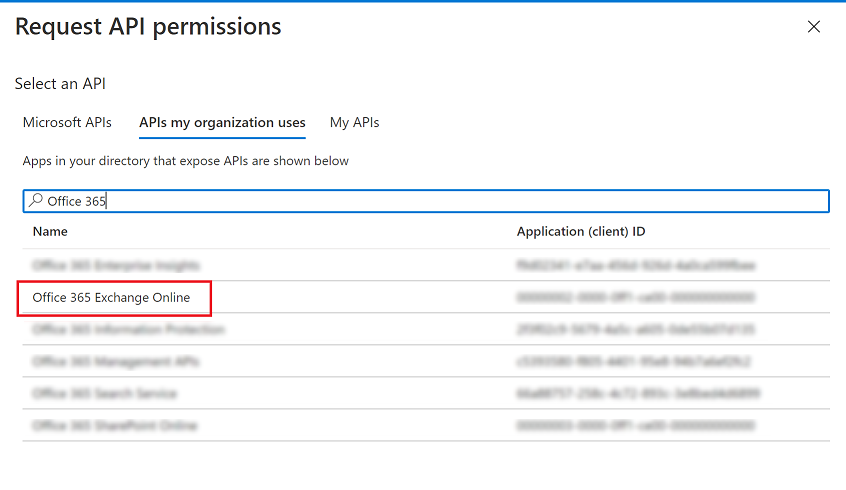 Screenshot dell'API Office 365 Exchange Online.