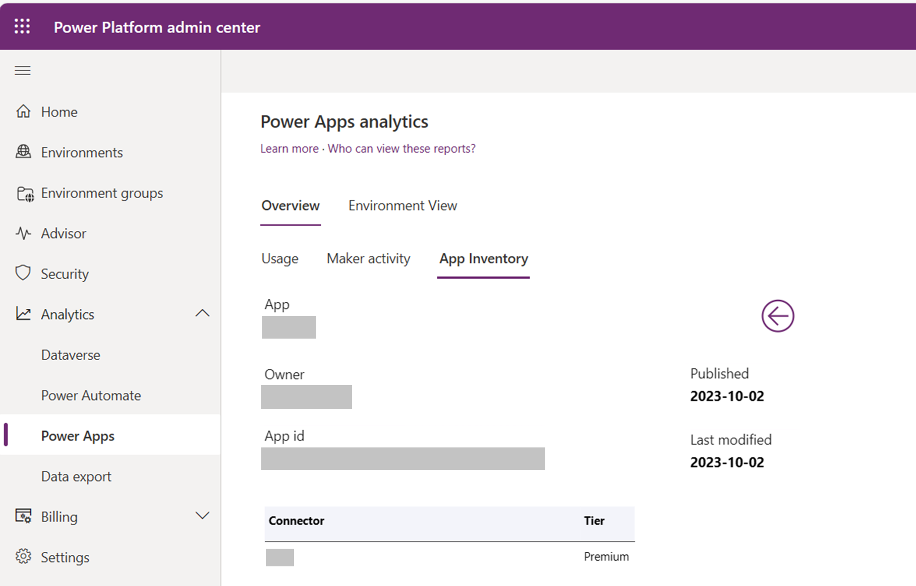 Uno screenshot dei dettagli sui connettori nel report  Power Apps Inventario