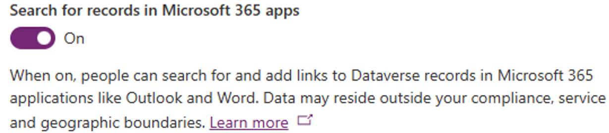 Uno screenshot dell'opzione per abilitare la ricerca di record nelle app Microsoft 365.