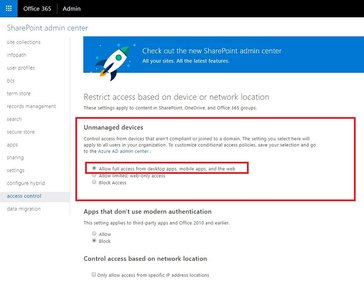 Dispositivi non gestiti di SharePoint che consentono l'accesso completo.