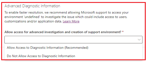 Screenshot di una richiesta di supporto con evidenziato Consentire l'accesso per l'analisi avanzata e la creazione dell'ambiente di supporto.