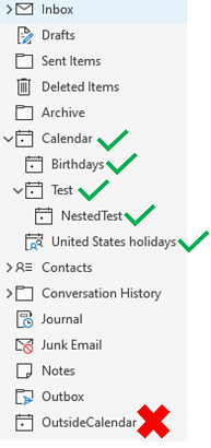 Screenshot di una cassetta postale in Outlook, che mostra gli appuntamenti che possono essere sincronizzati dalla cartella Calendario principale.