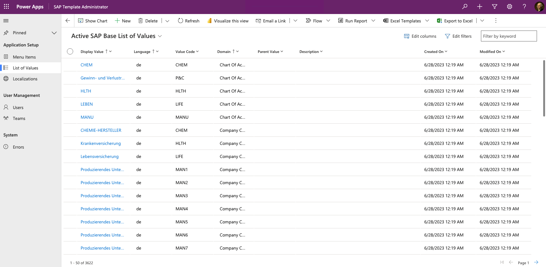 Manage list values in the SAP Administrator app.