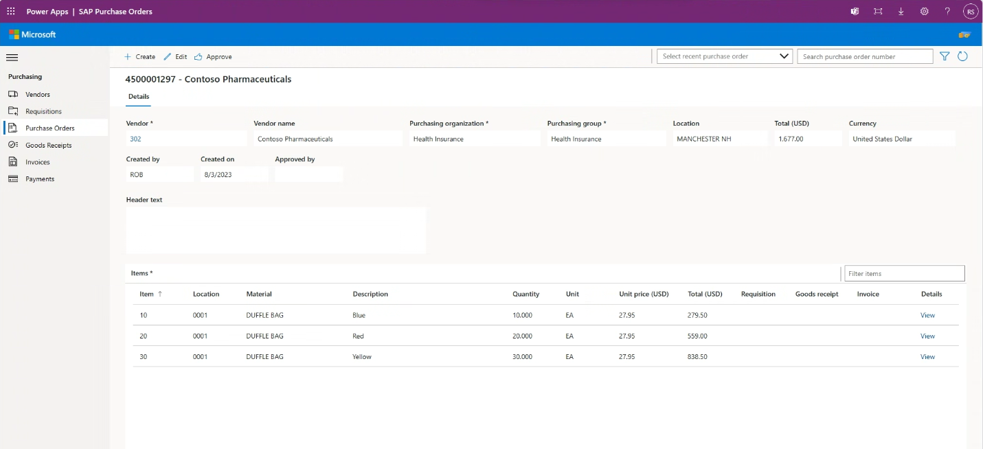 Screenshot dell'app Ordine di acquisto Approvvigionamento SAP di Microsoft per Power Platform.