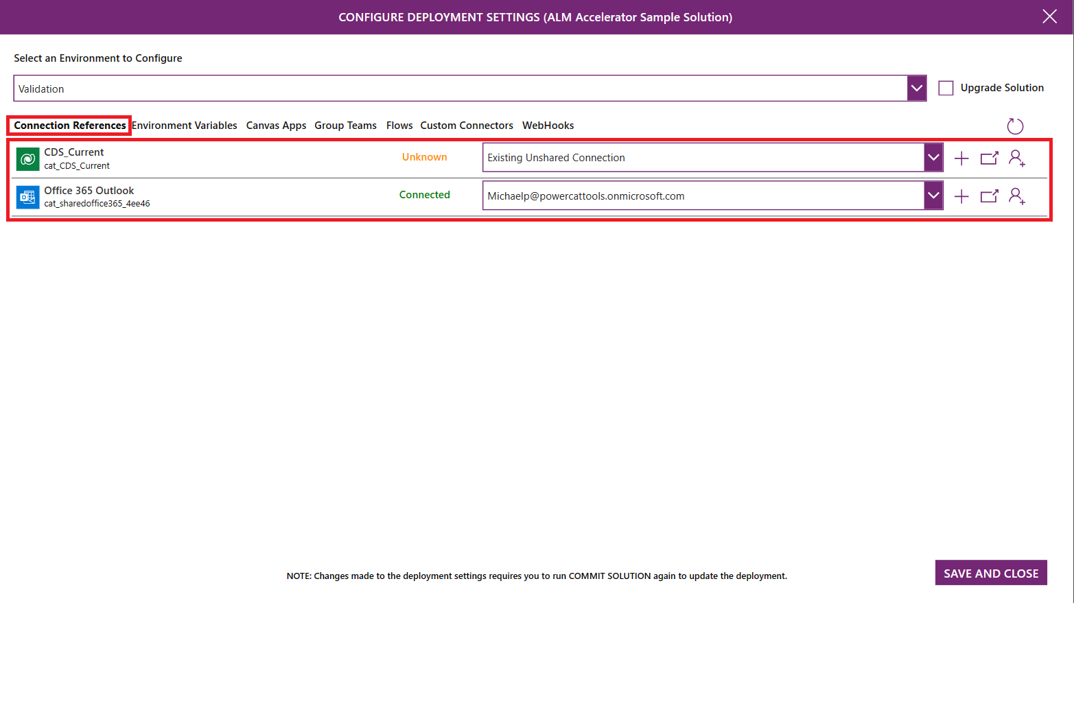 Screenshot della pagina Configurazione riferimento connessione in ALM Accelerator.