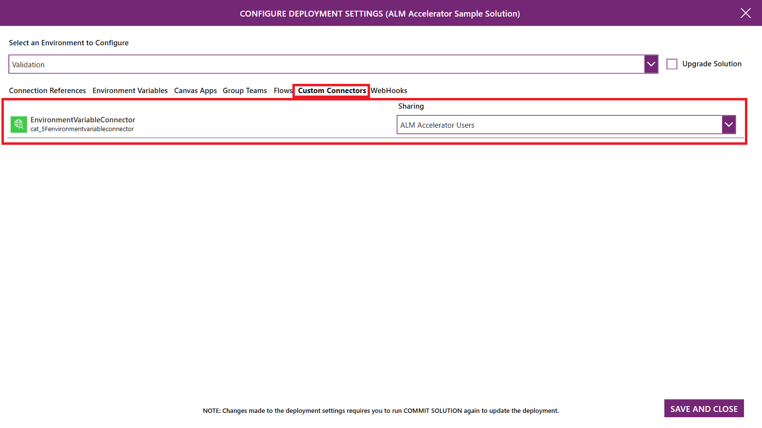 Screenshot della pagina Configurazione connettori personalizzati in ALM Accelerator.