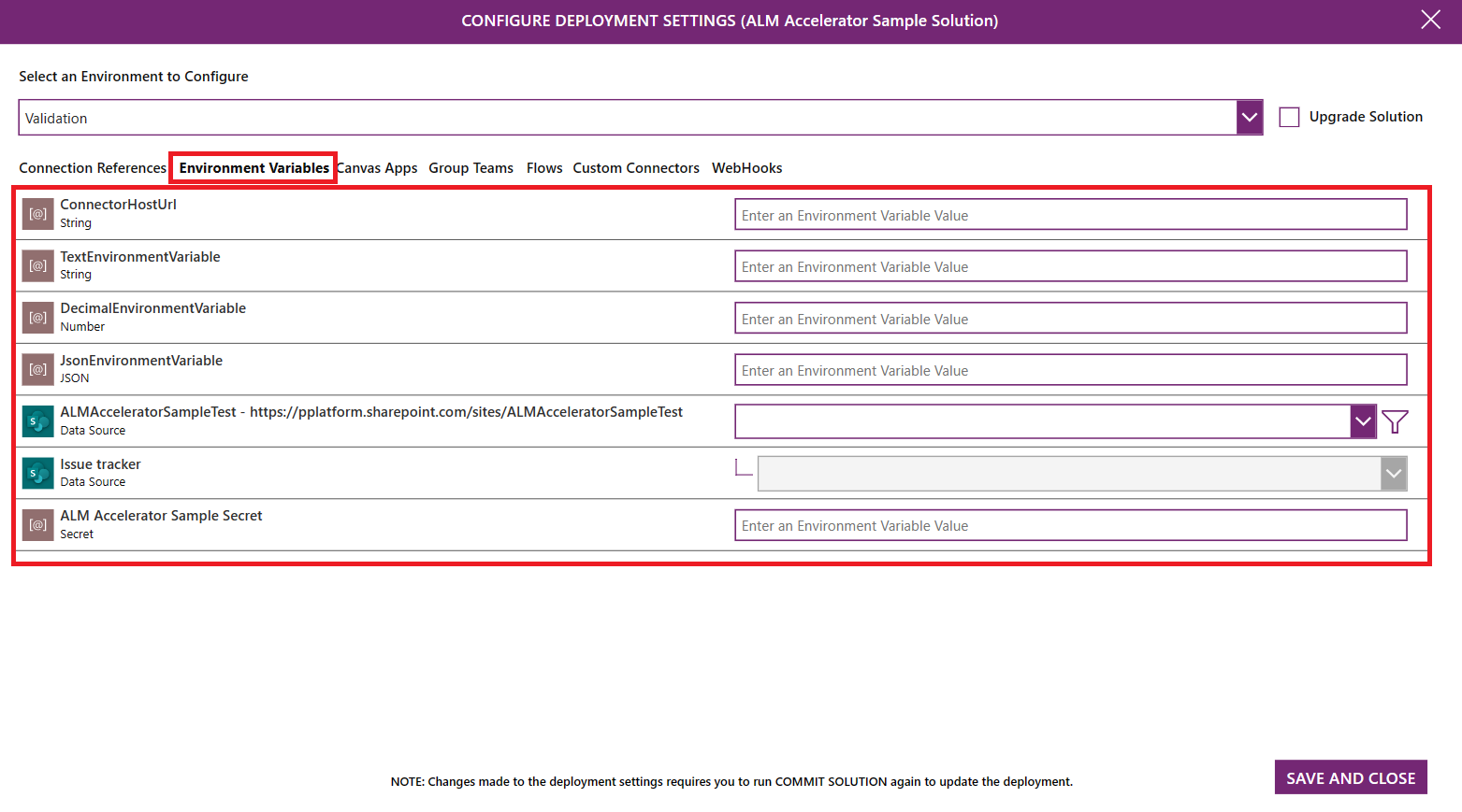 Screenshot della pagina Configurazione variabili di ambiente in ALM Accelerator.