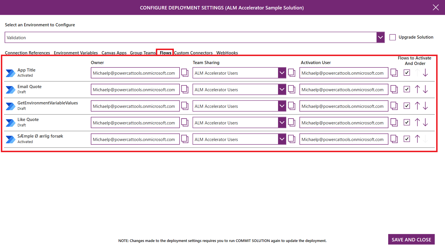 Screenshot della pagina Configurazione flusso in ALM Accelerator.