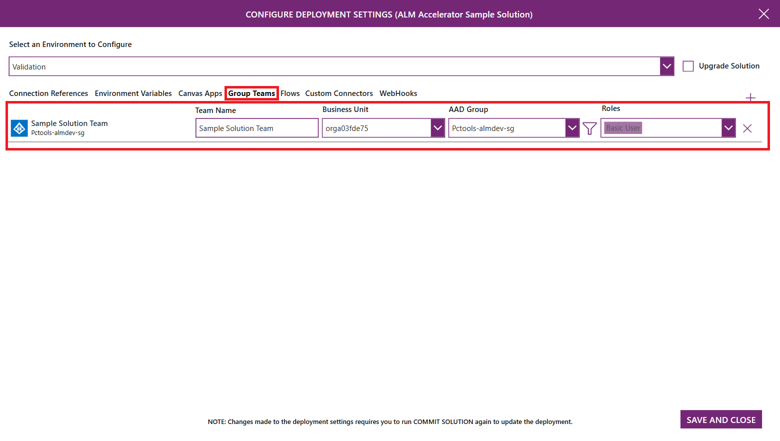 Screenshot della pagina Configurazione team del gruppo in ALM Accelerator.