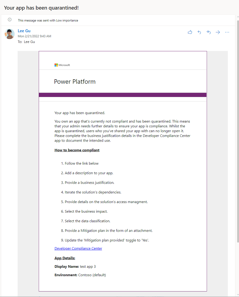 Gli autori di app ricevono una notifica e-mail per informarli che la loro app è stata messa in quarantena e per chiedere loro di inviare i dettagli di conformità al Centro conformità per sviluppatori.