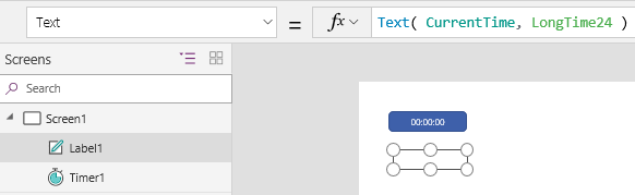 Schermata contenente un controllo label con la proprietà Text impostata su Text( CurrentTime, LongTime24).