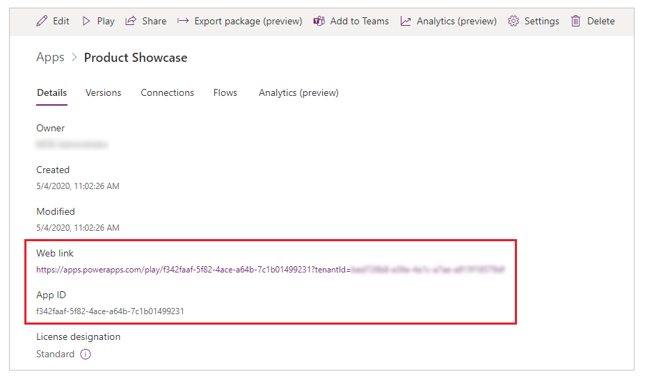 Dettagli dell'app con Collegamento Web e ID app.