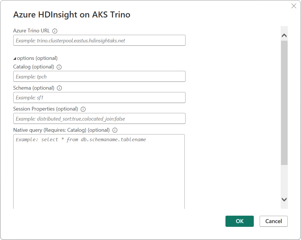 Screenshot della pagina di connessione Trino del servizio Azure HDInsight nel servizio Azure Kubernetes.