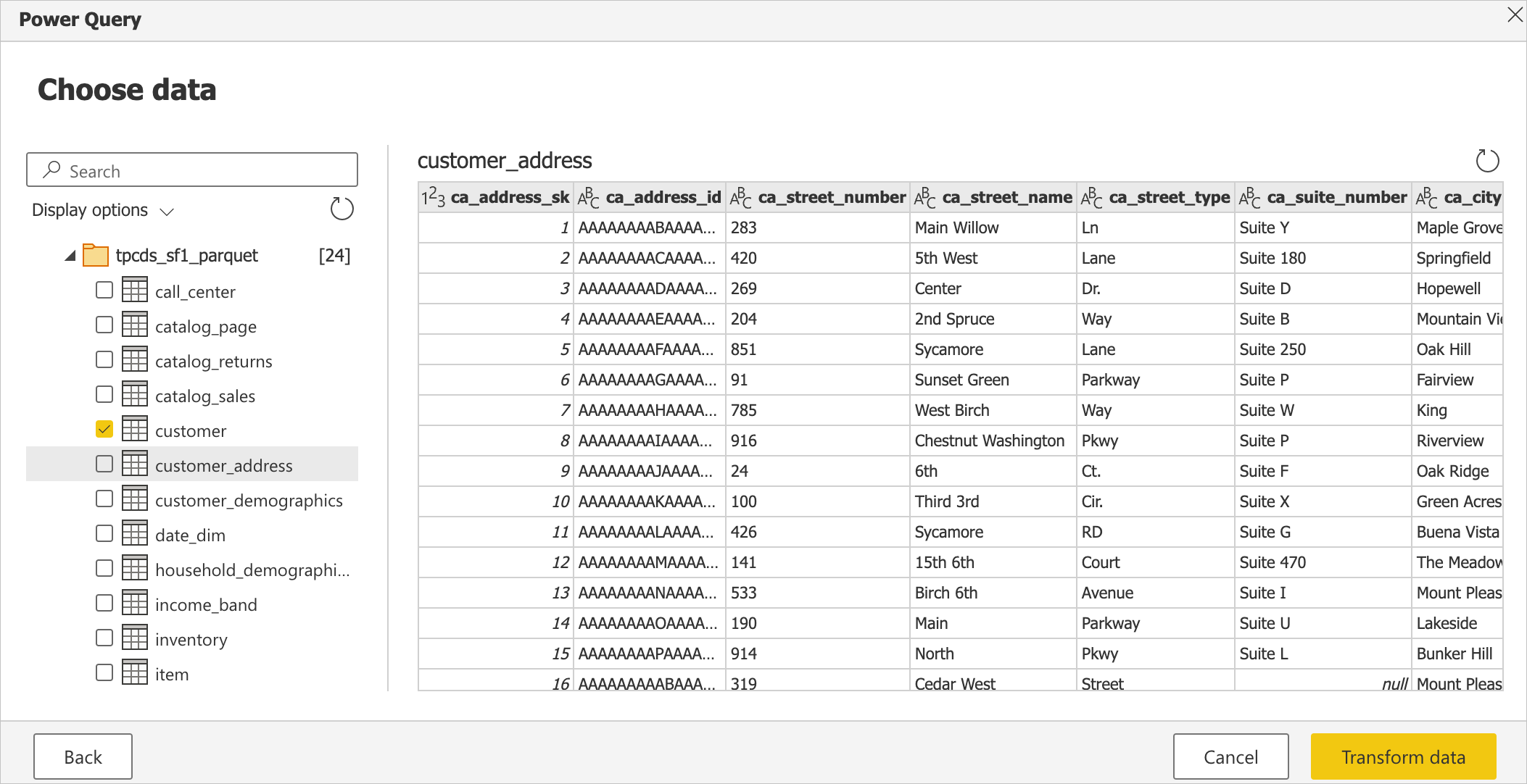 Immagine dello strumento di navigazione di Power Query che carica i dati di Databricks Cloud nell'app online.