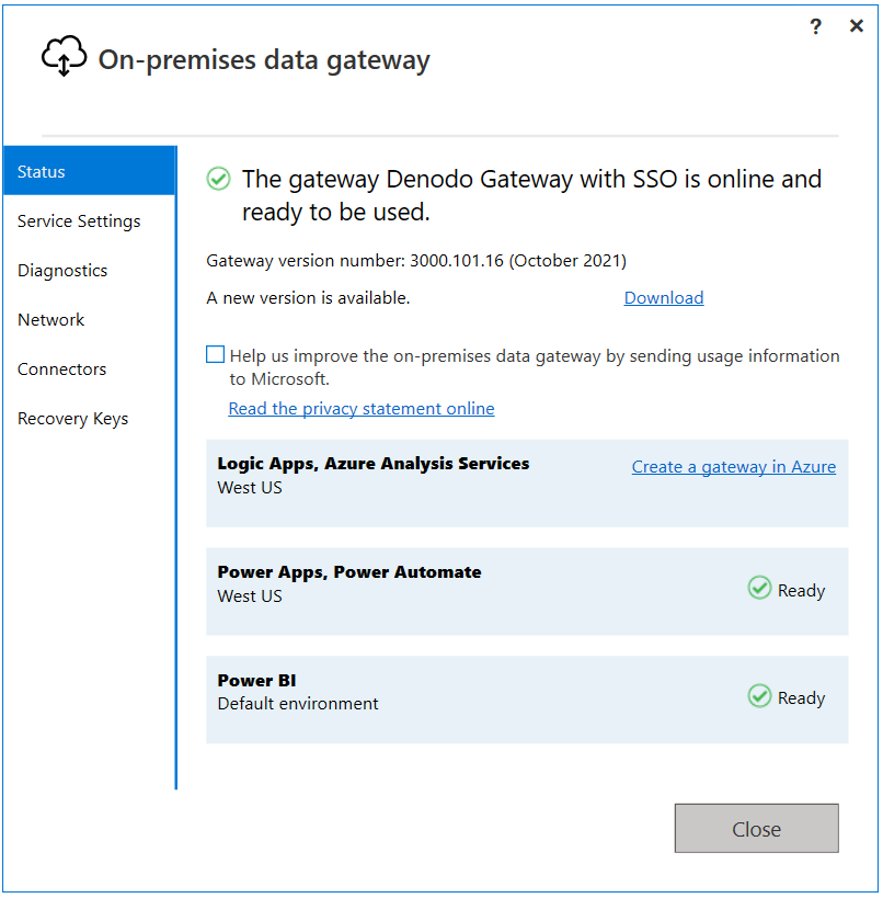 Gateway dati locale con scheda stato aperta.