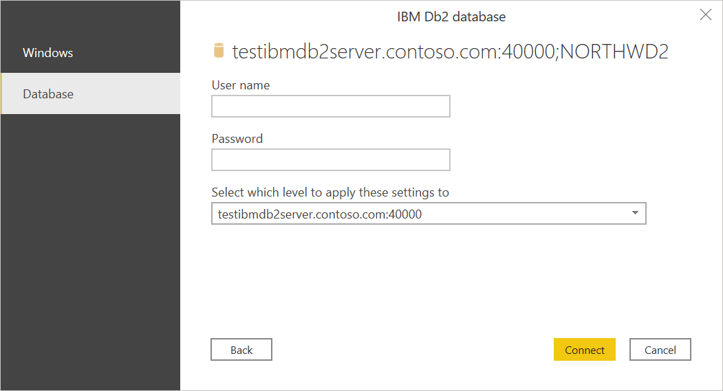 Immettere le credenziali del database IBM Db2.