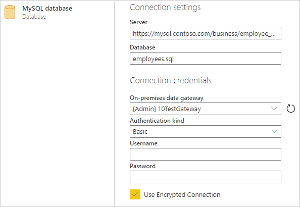 Screenshot della finestra di dialogo delle impostazioni di Connessione ion con le voci di esempio del server e del database compilate.