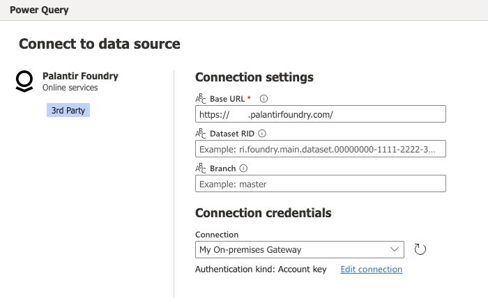 Screenshot delle impostazioni di connessione palantir Foundry in Power Query Online.