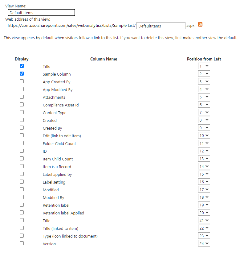 Schermata che mostra un esempio di impostazioni di visualizzazione per una visualizzazione specifica nell'elenco di SharePoint Online.