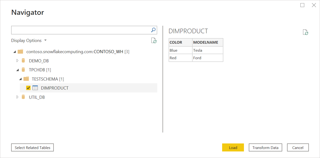 Screenshot dello strumento di navigazione con il database dello schema di test aperto e la tabella DimProduct selezionata.