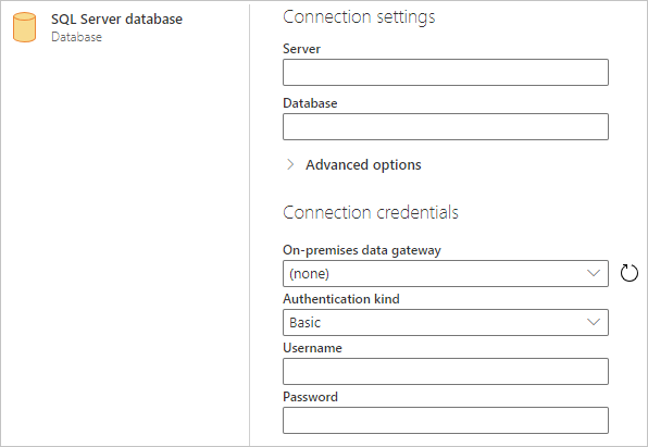 Generatore di connessioni di database di SQL Server in Power Query Online.