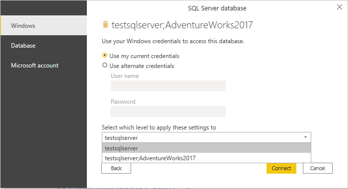 Autenticazione del database di SQL Server.