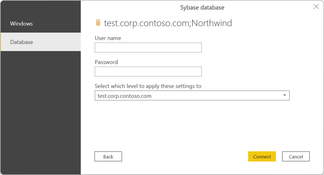 Immettere le credenziali del database Sybase.