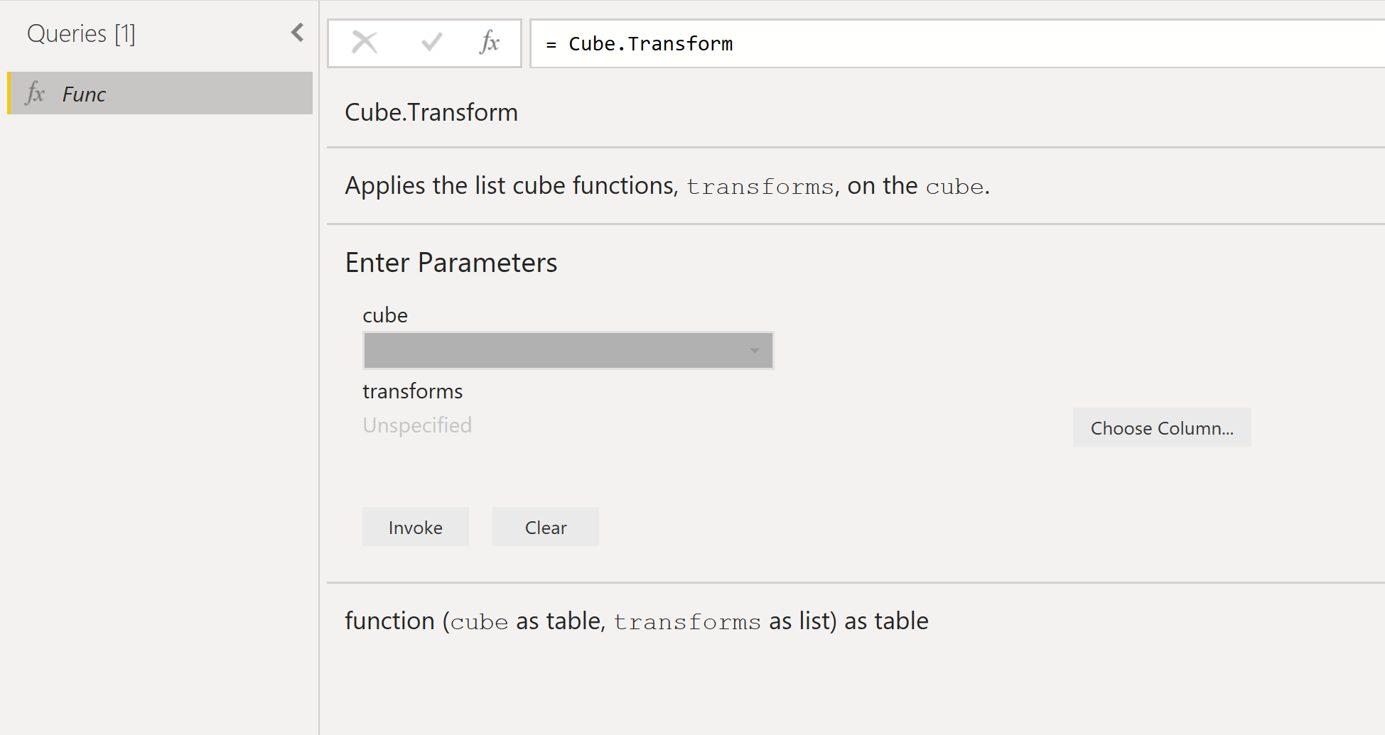 Immagine della finestra di dialogo Crea funzione che mostra informazioni sulla funzione Cube.Transform.