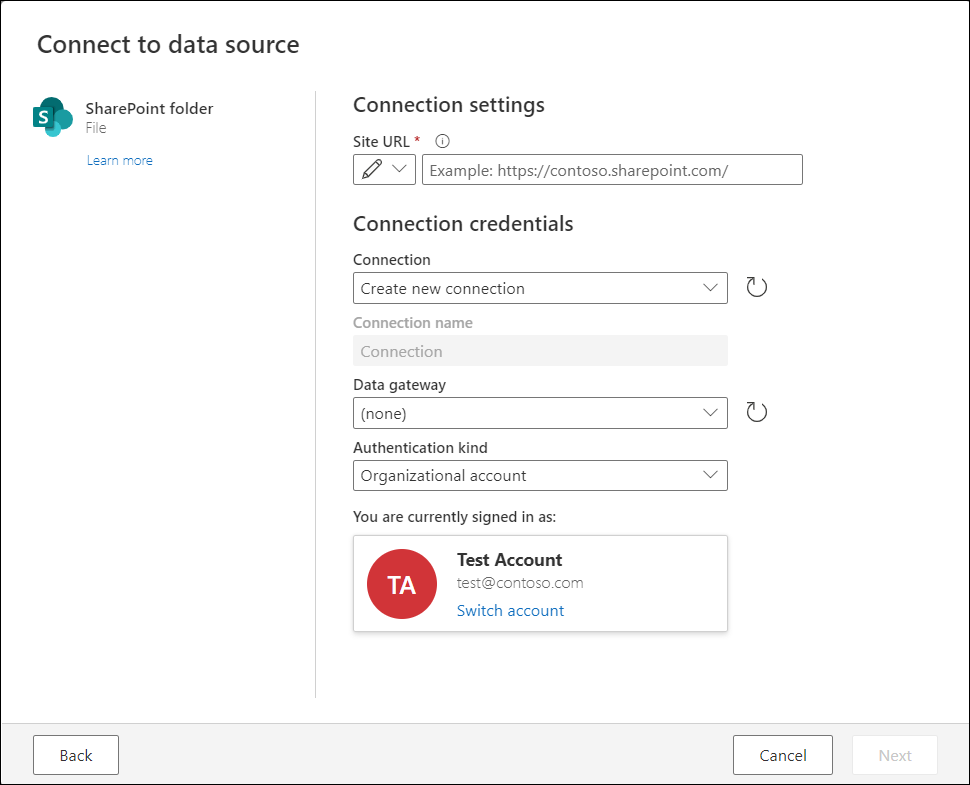 Connessione alla finestra di dialogo origine dati che mostra l'esperienza del connettore di cartelle di SharePoint in cui l'account di test dell'utente è stato eseguito automaticamente usando l'account aziendale come tipo di autenticazione.