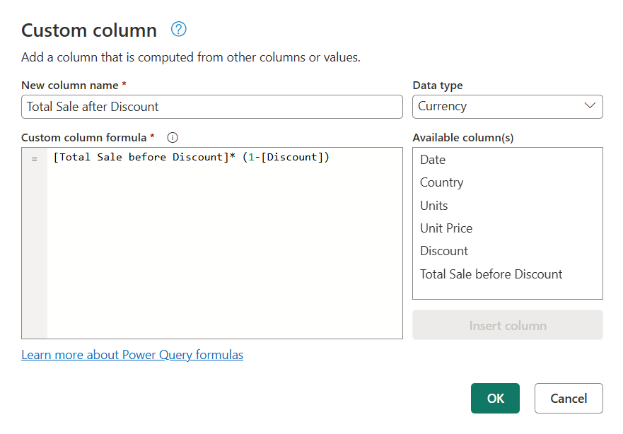 Screenshot della formula Colonna personalizzata per Total Sale after Discount.